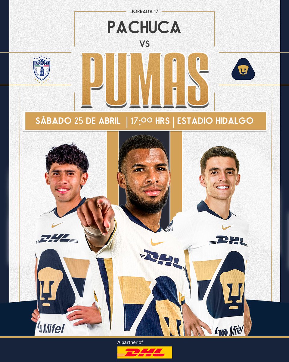 PumasMX's tweet photo. Cerramos el torneo regular en Pachuca, la #GarraYEntrega debe estar en la cancha y en la tribuna 👊

@DHLMex  trae para ti la información del partido 👇

🆚 | @Tuzos 
🏟️ | Estadio Hidalgo
🕰️ | 17:00
📅  | Sábado 25 de abril
📺  | Fox One

#UnidosPorLaHistoria https://t.co/v5btiOcILK