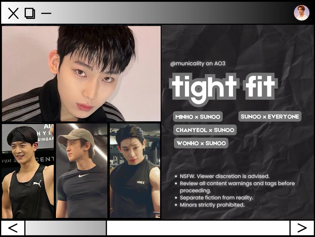 municality's tweet photo. tight fit 🔞

Si Sunoo, isang sales associate sa activewear store, ay matagal nang lihim na nahuhumaling sa mga gwapo at machong lalaking bumibili sa kanila, hanggang sa maging realidad ang kanyang mga libog na pantasya kasama sina Minho, Chanyeol, at Wonho.

ao3 link in replies https://t.co/RWElgvZ6Kd
