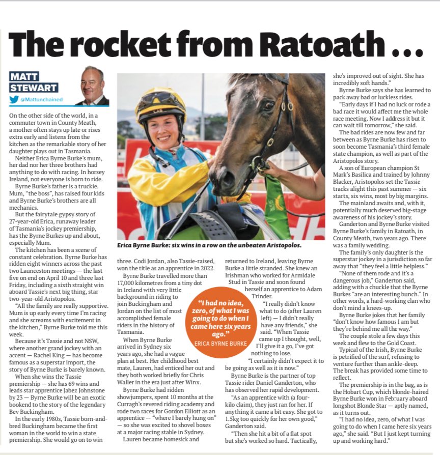Mattunchained's tweet photo. This week’s Winning Post column; an Irish gal you may never have heard of is marching to premiership glory in Tassie. https://t.co/w2jym3f8pa
