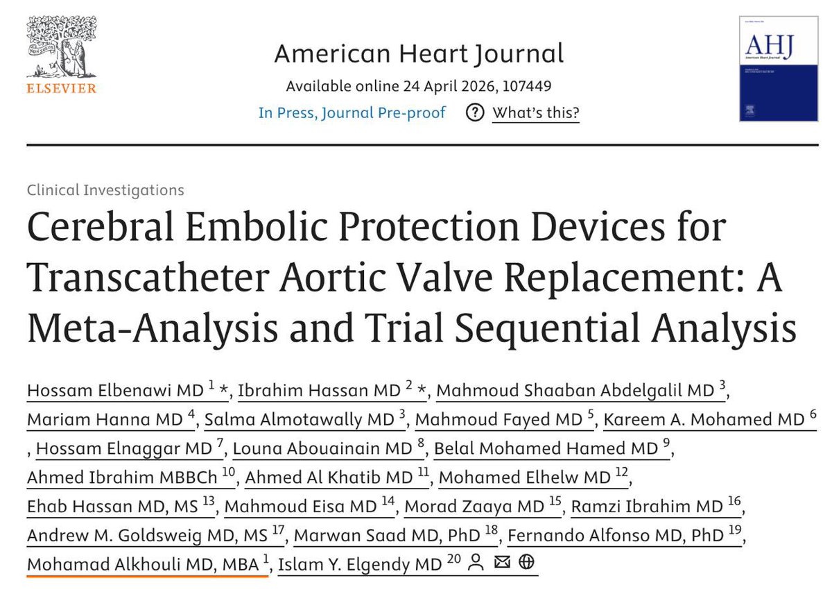 ElBenawiH's tweet photo. Current generation CEPDs during TAVR did not significantly reduce any stroke, disabling stroke, or all-cause mortality. 

Our analysis, 8 RCTs (5 filter-based, 3 shield-based), 11,597 patients:

🧠Any stroke: No reduction (0.92; 0.75–1.14)

🧠❌Disabling stroke: No  difference (0.80; 0.55–1.15)

🖥️MRI-detected lesions: No effect (RR 1.00; 0.93–1.07)

🪦All-cause mortality: No  difference (1.04; 0.71–1.51)

🫆🫆Trial sequential analysis: supporting no benefit of Current generation CEPD.

Meta-regression: No significant association between stroke risk and patient-level factors (age, sex, diabetes, prior stroke, atrial fibrillation; all p > 0.05)

Study link: https://t.co/uHe125ZXCq

Thanks to The Team: @IbrahimHassanMD @A_Ibrahim_29 @DrMahmoudShaban @mariam38740 

Thanks to Drs: @islamelgendy83 @MarwanSaadMD @adnanalkhouli @AGoldsweig 
@universityofky @MayoCVFellows @MayoClinic @BrownCardiology 

@AmericanHeartJ 
#TAVR #TAVI #StructuralHeart #ValveDisease #TVT #InterventionalCardiology #CardioTwitter #HeartTeam #JACC #LVT #MedEd #CardioEd #CEPD #CME #FOAMed #Cardiology #ACCEarlyCareer #ACCFIT #InternalMedicine #CardioTwitter #TAVR #TAVI #StructuralHeart #CardioTwitter #MedEd #CEPD #Cardiology #TVT #ValveDisease #InterventionalCardiology #JACC #ACC26 #InternalMedicine #HeartTeam #CathLab