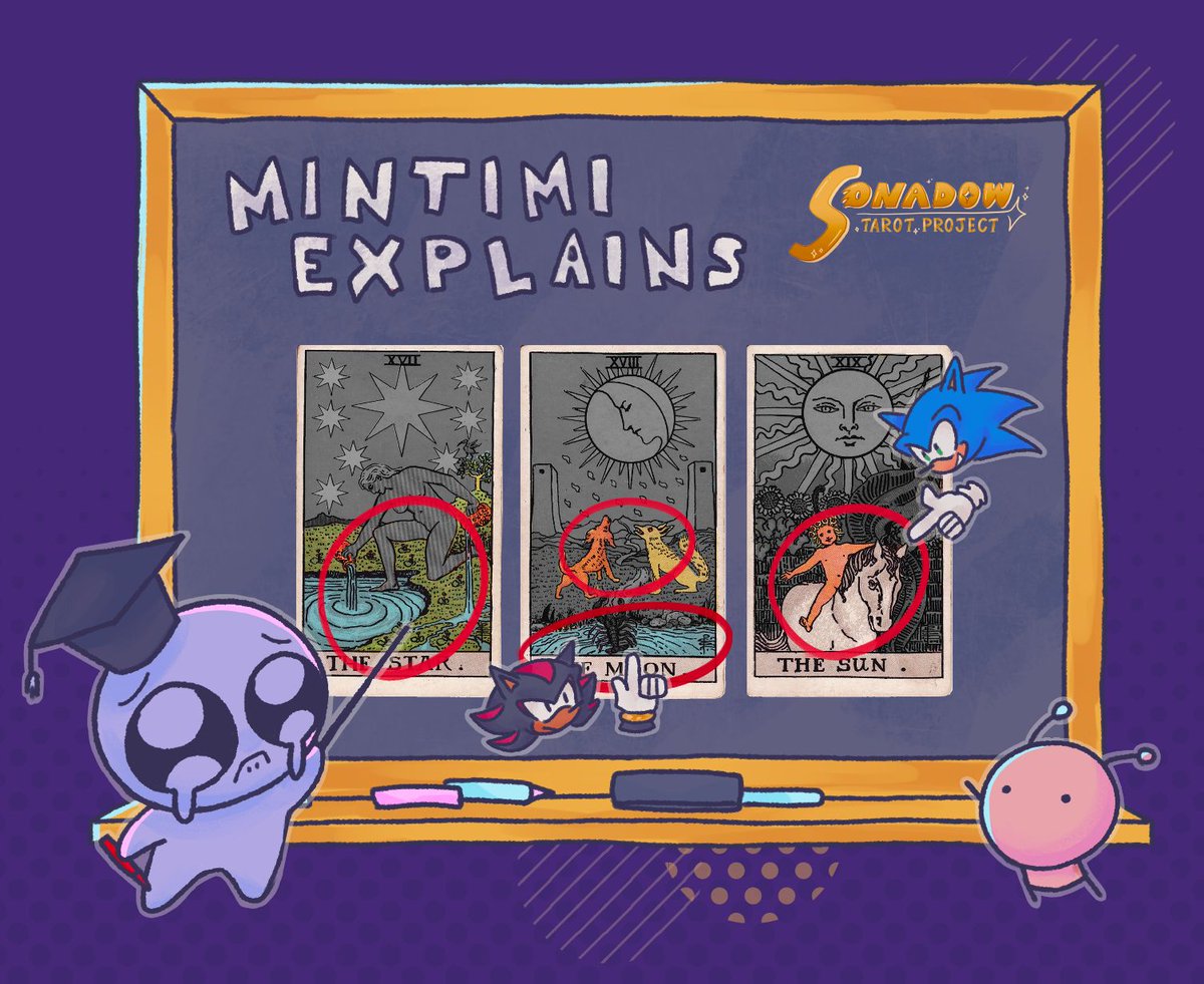 sonadowtarot's tweet photo. Today's mintimi explains: The Star, The Moon, and The Sun! These cards are very popular with fanartists due to their celestial imagery, but many people get them wrong. While celestial imagery is pretty, there's a lot more to these cards that artists tend to forget about! https://t.co/q8NH91uZ29