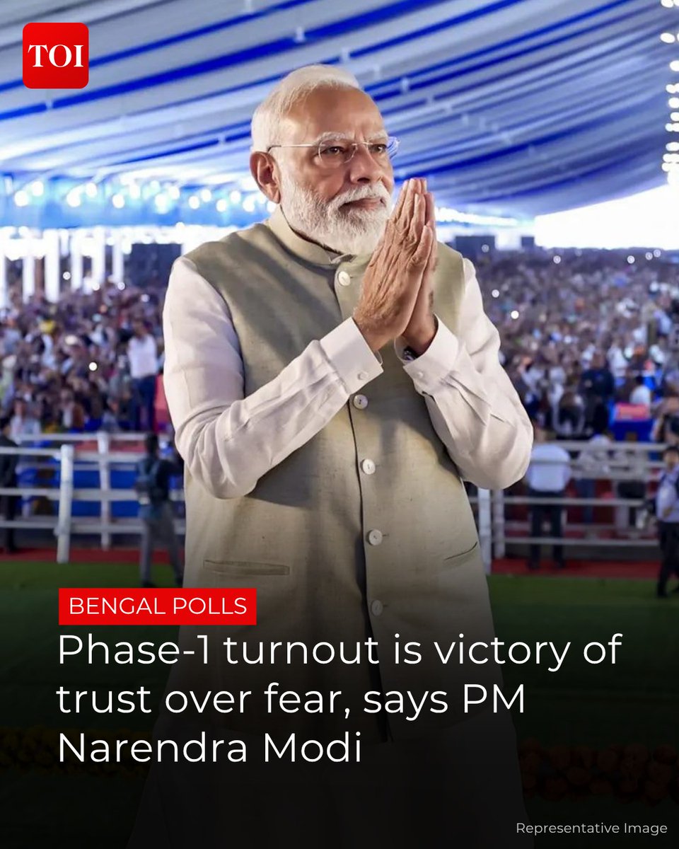 timesofindia's tweet image. The record turnout in the first phase of #Bengal polls has "sounded the bugle" for the end of Trinamool's "maha jungle raj", PM #NarendraModi said on Friday, linking people's participation as an endorsement of BJP's slogan of "bharosa" (trust) over "bhay" (fear).

Read more 🔗