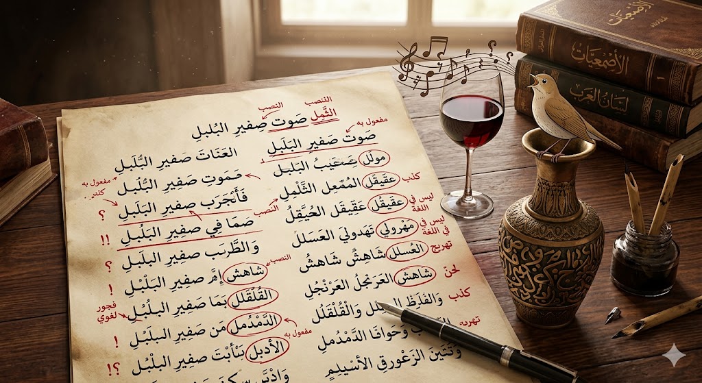 Saifkarrim's tweet photo. ("صفير البلبل": انتحار اللغة وسقوط الذائقة)
"هذيان البلبل الثَّمِل"

عندما يُعجب الناس بقصيدةٍ لعنترةَ بنِ شداد أو المتنبي أو أحمد شوقي؛ فإننا نجد هذا الإعجاب منطقيًّا، ذلكم أن الذائقة العامة تُنزِل أولئك الشعراءَ منزلتَهم التي يستحقونها.

أما أن نجد الناس قد شاع بينهم هُرَاءٌ لا يمتُّ للشعر بوشيجة قُربَى من أي نوع، فهنا نقف متسائلين أمام الأسباب التي أدت إلى ذلك الشُّيُوع والذُّيُوع، ويصبح التساؤل - المَشوب بالغضب - لازمًا: ما الذي جعل هذا العبث يَشيع ويَذيع بهذه الصورة المقزِّزة للذائقة العربية الصافية؟! 

ولا أظن أحدًا لم يسمع بما يسمى "قصيدة" يقول مطلعها المُخزي:
صوت صفير البلبلِ 
هَيَّجَ قلبي الثَّمِلِ
وحتى الآن لا إشكالَ كبيرًا؛ ولكن أن تُنسَب القصيدةُ لعَلَمٍ من أعلام الأدب العربيّ، وأحد رموز العربية وعلمائها، وأحد أشهر الرواة عبر التاريخ العربي، وهو عبدالملك بن قريب الأصمعي، الذي أُعجب به حتى المستشرقون، حيث جمع أحدهم رواياته التي تفرَّد بها في كتاب أسماه "الأصمعيات"؛ فهنا يجب أن نتوقف، وأن يكون التوقُّف طويلًا؛ لنبكي - في حُرقةٍ وألم - على أطلال اللغة ورُسُومها الدوارس.

فأولًا: لم يكن الأصمعي شاعرًا، ولا يُحسن قول الشعر، وهذا لا يقلل من شأنه؛ فالشعر هِبَةٌ ومَلَكَةٌ يولَد بها الإنسان، ولم يؤتَ الأصمعيُّ تلكم الهِبَة.

وثانيًا: إذا علمنا أن الأصمعي من علماء اللغة، فكيف يلحَن في اللغة ويَكسر قواعدَها، بل يُهَشِّمُها تهشيمًا؛ برفع المنصوب وجرِّ المرفوع، وهو ما ينتشر في هذه الأكذوبة المسماة "قصيدة" ويجوس خلالَها؟!

وَلْنُلْقِ الآن نظرةً - ستكون من كآبات المنظر - على بعض ما في هذه المهزلة من طوامَّ وقوارعَ ودَوَاهٍ:

صَوْتُ صَفيرِ البُلْبُلِ
هَيَّجَ قَلْبِيَ الثَمِلِ
هنا خطأ نحوي في جَرّ كلمة (الثمل) وحقها النصب؛ لأنها صفة لكلمة (قلبي) والتي هي منصوبة لأنها مفعول به للفعل (هيج).

وَأَنْتَ يَاسَيِّدَ لِي
وَسَيِّدِي وَمَوْلَلِي
ما معنى "سيد لي"؟ هل أراد أن يقول: "سيدًا لي"، فألجأه الوزن لِلَّحن ومجانبة جادّة اللغة؟! ثم ما "مولل"؟ ليس لهذه الكلمة من وجودٍ في العربية كلها.

فَكَمْ فَكَمْ تَيَّمَنِي (هناك حمقَى ونَوْكَى ينطقونها: "تَيَمُّنِي")!!
غُزَيِّلٌ عَقَيْقَلِ
ليس في اللغة كلها كلمة "عقيقل". ثم إن الكلمة حقها الرفع؛ لأنها نعت لكلمة (غزيل) التي هي فاعل مرفوع، وجَرُّها خطأٌ نحويٌّ فادح.

فَقَالَ لاَ لاَ لاَ لاَ لاَ
وَقَدْ غَدَا مُهَرْوِلِ
الصواب "غدا مهرولًا"؛ لأنها حال منصوبة، أما جَرُّها فخطأٌ لا يقع فيه الصِّبيَة.

وَفِتْيَةٍ سَقَوْنَنِي
قَهْوَةً كَالعَسَلَلِ
سقونني!! بأي لغة كان يتحدث؟ ما هذا الفجور اللغوي؟! والشطر الثاني وزنه مكسور، وكيف يُخِلُّ راوية عظيم بوزن الشعر؟! ثم ما "العسلل"؟!

شَمَمْتُهَا بِأَنَفِي
أَزْكَى مِنَ القَرَنْفُلِ
تحريك الفاء الساكنة من (أنفي) لأجل الوزن هو افتراء على اللغة، وتشويه لها.

وَالسَّقْفُ قَدْ سَقْسَقَ لِي
وَالرَّقْصُ قَدْ طَبْطَبَ لِي
السقسقة في اللغة هي إخراج الطائر لفضلاته، فما مناسبتها هنا؟! والطبطبة في اللغة صوت الماء والسيل، ولا مناسبة لها مع الرقص.

شَوَى شَوَى وَشَاهِشٌ
عَلَى وَرَقْ سَفَرجَلِ
ليس في اللغة قاطبةً  كلمة "شاهش"، وتسكين كلمة "ورقْ" جريمة نحوية لا يقع فيها أصغر الشعراء.

يَمْشِي عَلَى ثَلاثَةٍ
كَمَشْيَةِ العَرَنْجِلِ
لا وجود لكلمة "عرنجل" في اللغة.

وَالنَّاسُ تَرْجِمْ جَمَلِي
فِي السُوقِ بالقُلْقُلَلِ
لا يجوز إطلاقًا تسكين كلمة "ترجم"، فلا جازمَ للفعل المضارع هنا، وحقه الرفع، وليس في اللغة كلمة "قلقلل"!!

وَالكُلُّ كَعْكَعْ كَعِكَعْ
خَلْفِي وَمِنْ حُوَيْلَلِي
الشطر الأول "تهريجٌ" لغويٌّ مُسِفٌّ أشدَّ الإسفاف، وتصغير كلمة "حول" هو "حُوَيل" وليس "حُوَيلَل".

يَأْمُرُ لِي بِخلْعَةٍ
حَمْرَاءُ كَالدَّمْدَمَلِ
أراد أن يقول: "حمراء كالدم"، فلماذا قال: "كالدمدمل"؟! وليس في اللغة كلمة "مدمل"!!

نَظَمْتُ قِطعاً زُخْرِفَتْ
يَعْجَزُ عَنْهَا الأَدْبُلِ
كلمة "الأدبل" حقها الرفع لأنها فاعل؛ ولكن مع الأسف - ليس في اللغة كلمة "الأدبل"!!

إنَّ التوقف عند هذه المهزلة ليس ترفًا نقديًّا؛ بل واجبٌ لاستعادة حُرمة اللغة التي انتهكها هذا الهُراء. فهكذا يُذبح التراث الضارب في جذور الأصالة باسم الثقافة اللغوية الزائفة، ويُشوَّه الرموز باسم الشعر.

وليس انتشار هذا العبث زلَّةَ ذائقةٍ عابرة؛ بل اعتداءٌ صارخٌ على العربية المَجيدة وعلى عقول أبنائها وبناتها. إذ تفوح الرائحة الكريهة للعيب بل العار الحضاري، من ذائقةٍ باهتةٍ تُصفِّق لمثل هذا الانحدار والسقوط الثقافي المدوِّي، وتمنحه ما لا يستحق.

وأختم بالقول - وأنا المَغِيظُ المُحنَق -: إن توقيرَنا - نحن العرب المسلمين - للغة القرآن العظيم المعظَّم، وتقديرَنا لعقولنا؛ يبدأ من رفض هذا الإسفاف الموغل في السَّفَه، ويوجِبُ صيانة اللغة وحفظها كاللؤلؤ المكنون.

فلنحفظ ما بقي لنا من أمجاد الآباء والأجداد، ولْنَرُدَّ هذه المهزلةَ إلى أصحابها الحقيقيين: المهرِّجين ومُلوِّثي الذائقة العربية النقية، التي تَمِيزُ الخبيثَ من الطيِّب من القول.