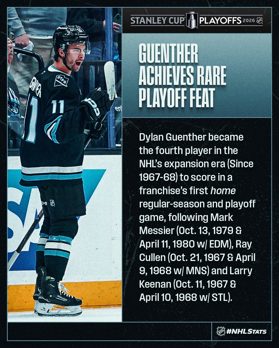 NHLPR's tweet photo. Dylan Guenther scored his second goal of the 2026 #StanleyCup Playoffs to stretch the @utahmammoth's lead and achieved a rare feat in the process. #NHLStats

Watch now in 🇺🇸 (@SportsonMax, TBS), 🇨🇦 (@Sportsnet 360, @TVASports 2), 🌎: https://t.co/dT34F4MhkC https://t.co/GfdwPTRhUw