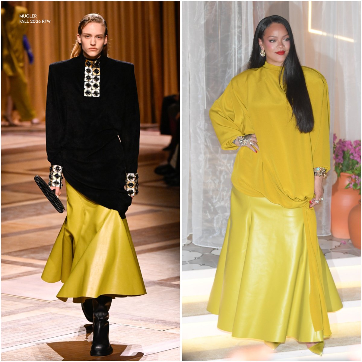 PrithamSadashiv's tweet image. Riri is here! @Rihanna looked gorgeous in a custom @Mugler Fall Winter 2026 RTW by Miguel Castro Freitas for the ‘@FentyBeauty ki Haveli’ Pop-up at Phoenix Palladium Mumbai, India. 💛

Styling: Jahleel Weaver

#Rihanna #Mugler #FentyBeauty #TiraBeauty