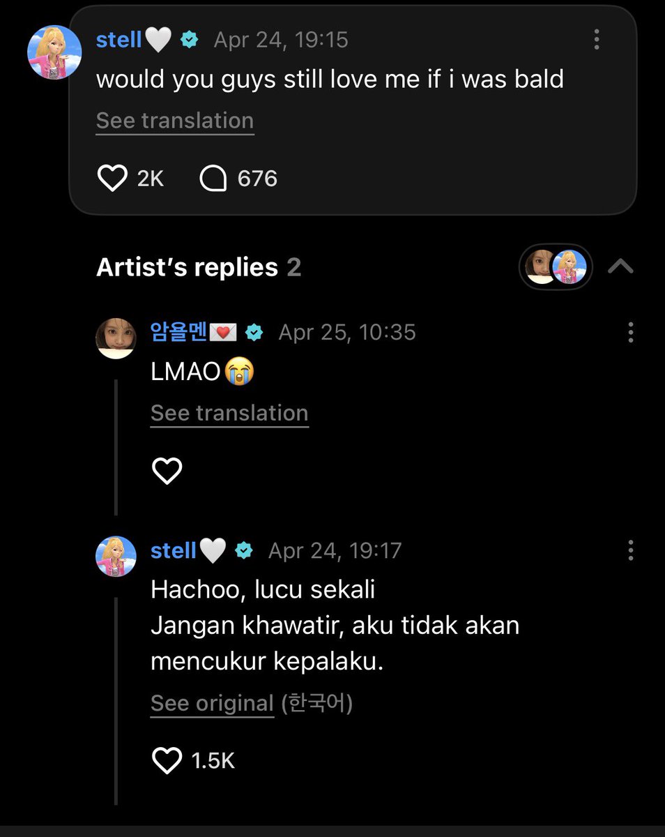 semalem pas scroll wvs pacarku ada yg rep "CARMEN plis jgn buka fl dlu takut syok" gue bales "kenapa?" trs dia bilang "banyak tuyul" gue kira ada haters tolol gajelas lg, eh ternyata banyak editan Stella botak😭 untuk yg ngedit smg km ga diambekin Stella trs di block ya:)