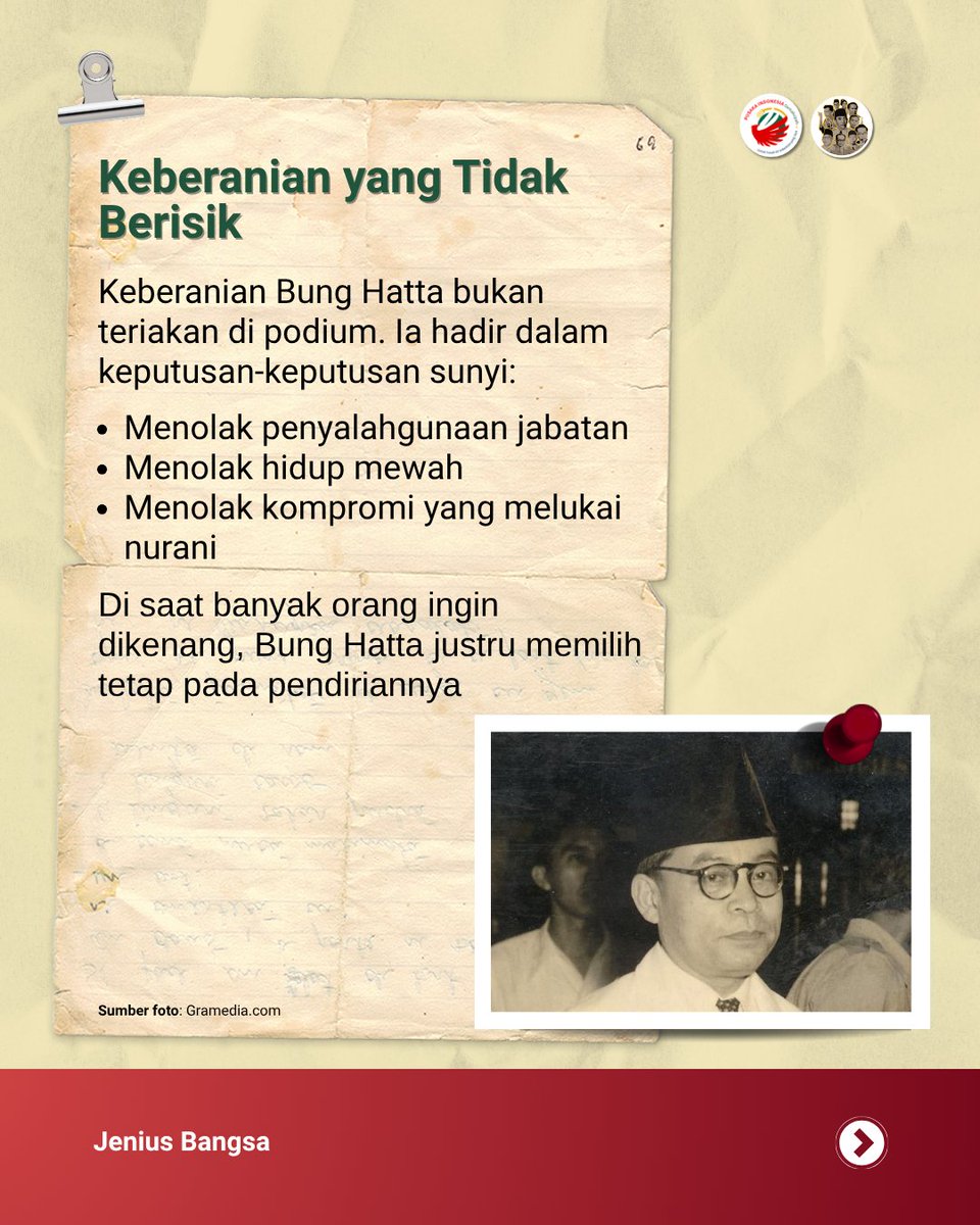 JeniusBangsa's tweet photo. Di saat banyak orang beraninya hanya berisik mengkritik tanpa menawarkan solusi nyata, kita bisa belajar dari Bung Hatta bahwa integritas jauh lebih berharga daripada kepopuleran semata.

Tenang, sederhana, dan berani mundur demi prinsip karena nurani tidak bisa dikompromikan. https://t.co/94z1T4p0Ep