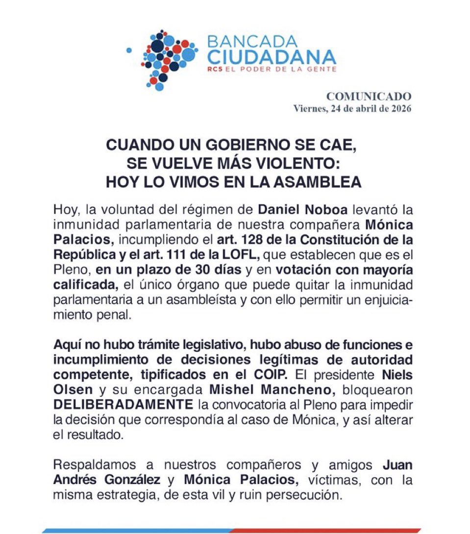 ‼️#URGENTE
La Bancada de la Revolución Ciudadana denunció que el Gobierno de Daniel Noboa levantó la inmunidad de Mónica Palacios mediante una omisión deliberada de la convocatoria al Pleno. El bloque señaló que Niels Olsen y Mishel Mancheno bloquearon el trámite legislativo para