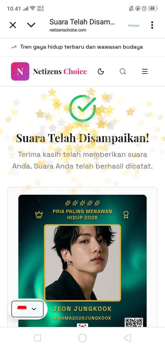 bunnybunnyjk97's tweet image. 25 April 2026

I vote #JUNGKOOK for Most Handsome Man Alive #MHMA2026 #MHMA2026JUNGKOOK  #NETIZENSCHOICE @thenreport