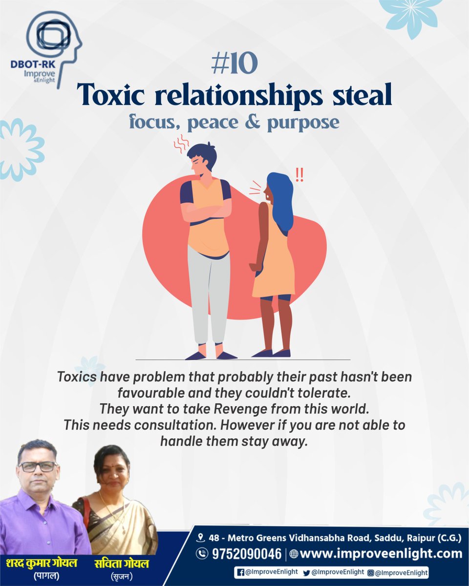 ImproveEnlight's tweet image. Toxics have problem that probably their past hasn't been favourable and they couldn't tolerate. They want to take Revenge from this world. This needs consultation. However if you are not able to handle them stay away.

#ToxicRelationships #MentalHealthAwareness