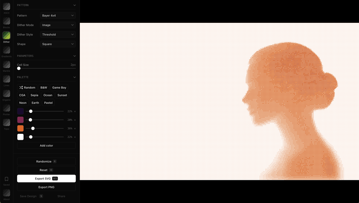 This Dither tool recommended by DEX (<a href="/dingyi/">Ding</a>) is really great, and you can even export SVG to Figma for further editing.

studio.neato.fun/dither