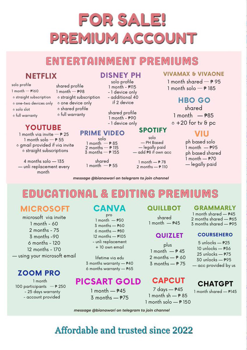 taeyhvngies's tweet image. PREMIUM ACCOUNT PH 🌸

NETFLIX
DISNEY 
CANVA
GRAMMARLY
QUILLBOT
PRIME 
PICSART
HBO 
YOUTUBE
ZOOM 
QUIZLET
REMINI 
CHATGPT
VIU
SCRIBD
MICROSOFT 

mop; gcash 
tags: wts wtb lfs lfb lf prem accs ph buyer client commissioner pbb bts bangtan #v #jungkook #jimin #rm #suga #jin #JHOPE