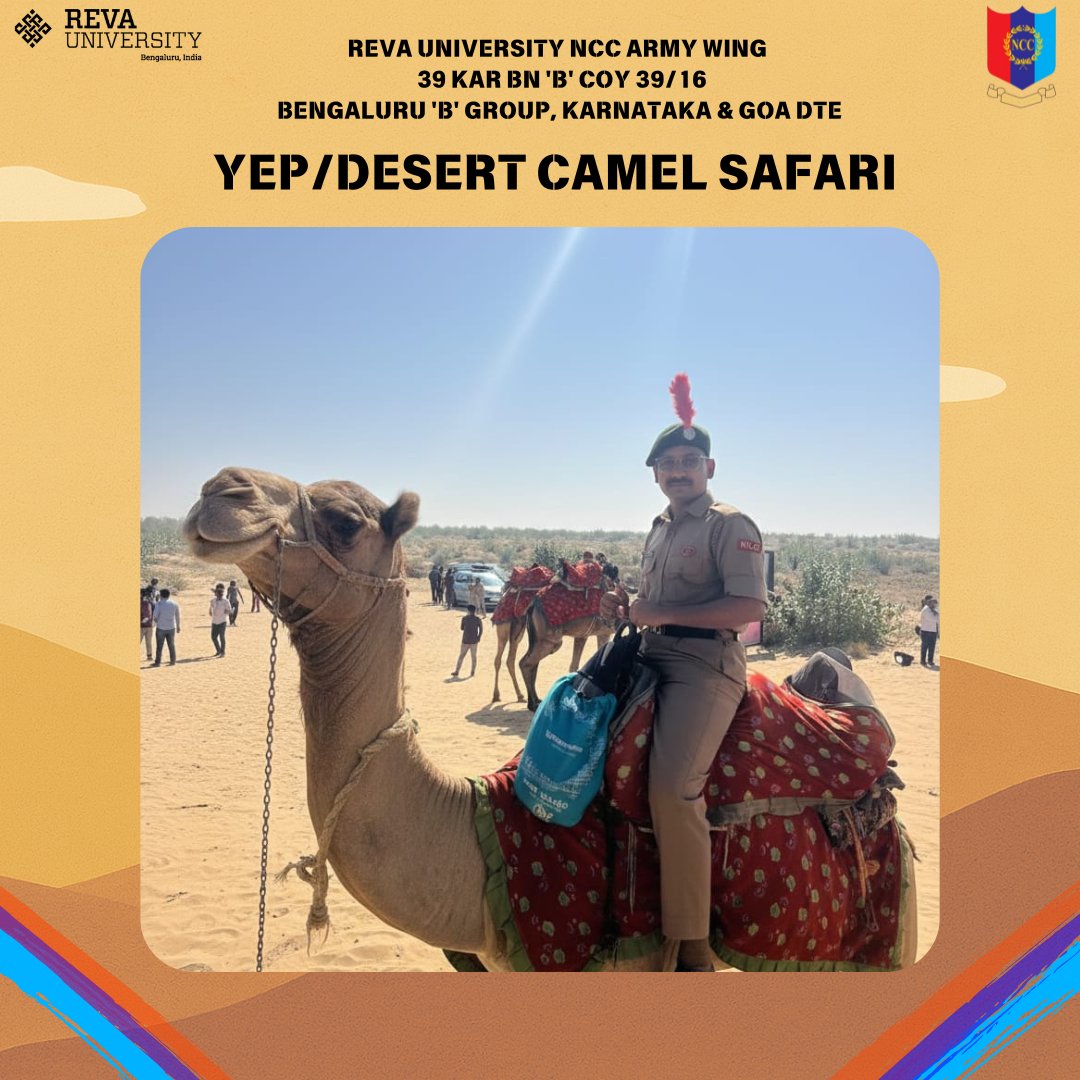 39Inf's tweet photo. YEP DESERT CAMEL SAFARI 2025
SGT Darshan G Metgudmath completed YEP/Desert Camel Safari Camp 2025 at Jaisalmer, excelling in desert training, visiting key national sites, and engaging in international exchange—reflecting endurance, leadership, and pride of REVA NCC. 
Jai Hind🇮🇳 https://t.co/yGipDxLyM5