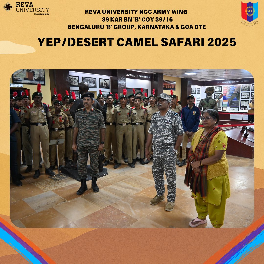 39Inf's tweet photo. YEP DESERT CAMEL SAFARI 2025
SGT Darshan G Metgudmath completed YEP/Desert Camel Safari Camp 2025 at Jaisalmer, excelling in desert training, visiting key national sites, and engaging in international exchange—reflecting endurance, leadership, and pride of REVA NCC. 
Jai Hind🇮🇳 https://t.co/yGipDxLyM5