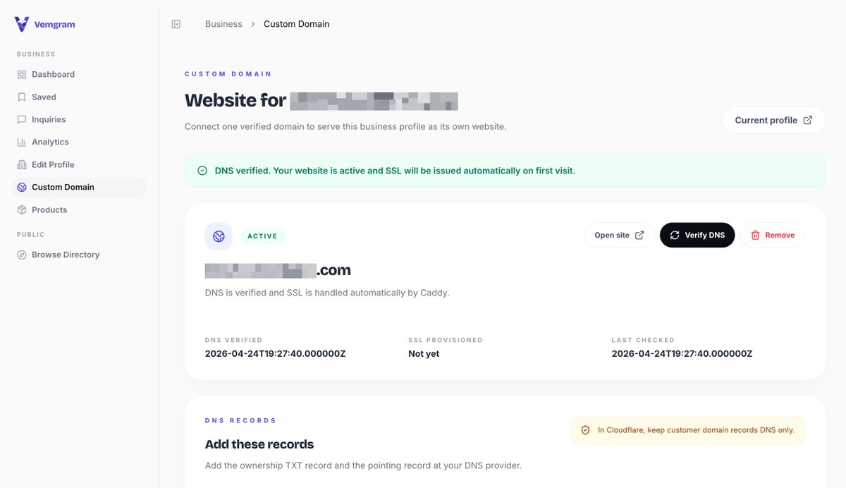 DeepakNesss's tweet photo. Working on custom domains for @vemgram. It mostly works already, but currently I am still testing things out and it should be live in a day or two.

If manufacturers add custom domains to their accounts, their profiles become like websites with all required info for buyers. https://t.co/LmeQoL106I