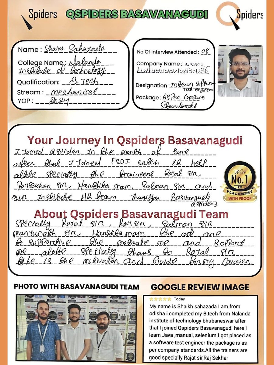 QSpiders__BTR's tweet image. Success is built on strong guidance and dedication! 📷 Shaik Sahazada shares how ProSpiders Basavanagudi helped him grow technically and professionally to land his dream. 📷#QSpidersBasavanagudi #StudentJourney #TechCareers #ITPlacement #SuccessStory