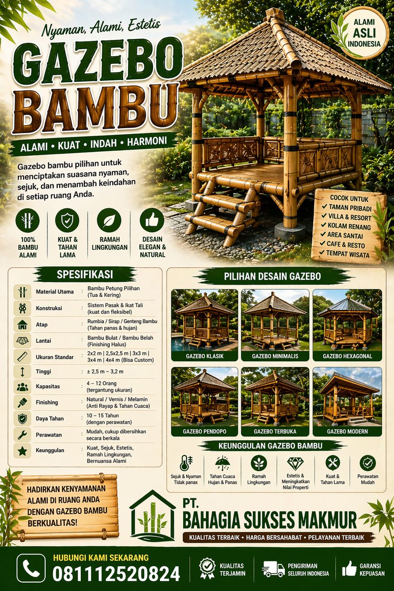 duniabambu's tweet photo. Saung Bambu Custom – Estetik, Kuat &amp; Natural!Cocok untuk taman, cafe, villa &amp; usaha Anda. ✔ Bambu berkualitas ✔ Ukuran custom ✔ Tahan cuaca &amp; anti rayap📞 081112520824
https://t.co/bNejVkATuV #saungbambu #gazebobambu #rumahbambu #desaintaman #usahaalam https://t.co/SlqFQevGk7