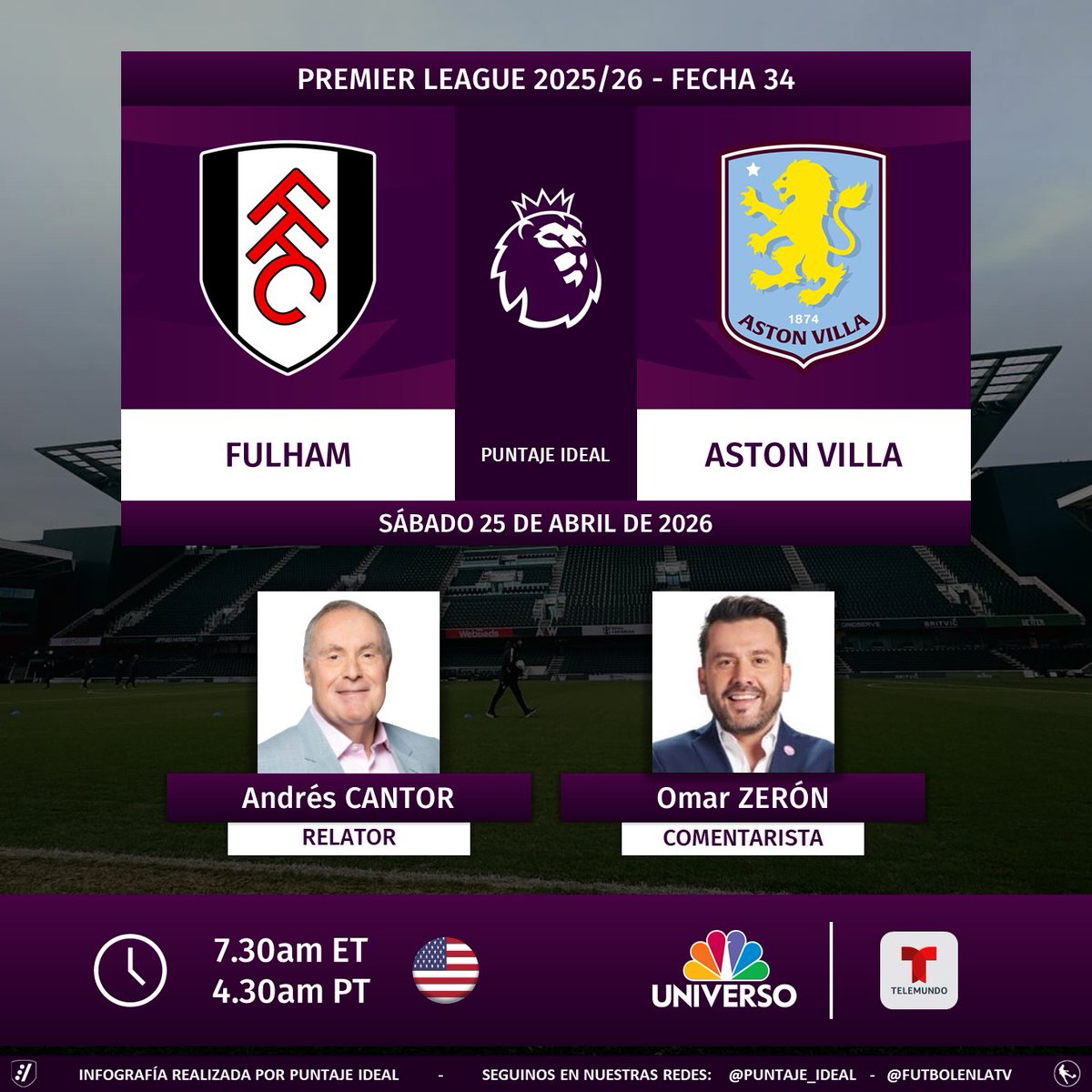 Puntaje_Ideal's tweet image. ⚽ #PremierLeague 🏴󠁧󠁢󠁥󠁮󠁧󠁿 | #Fulham vs. #AstonVilla
🎙 Relator: @AndresCantorGOL
🎙 Comentarista: @omarzeron
📺 @NBCUniverso 🇺🇸
💻📱 @Telemundo App 🇺🇸
🤳 #PremierLeagueTelemundo - #FULAVL  
Dale RT 🔃