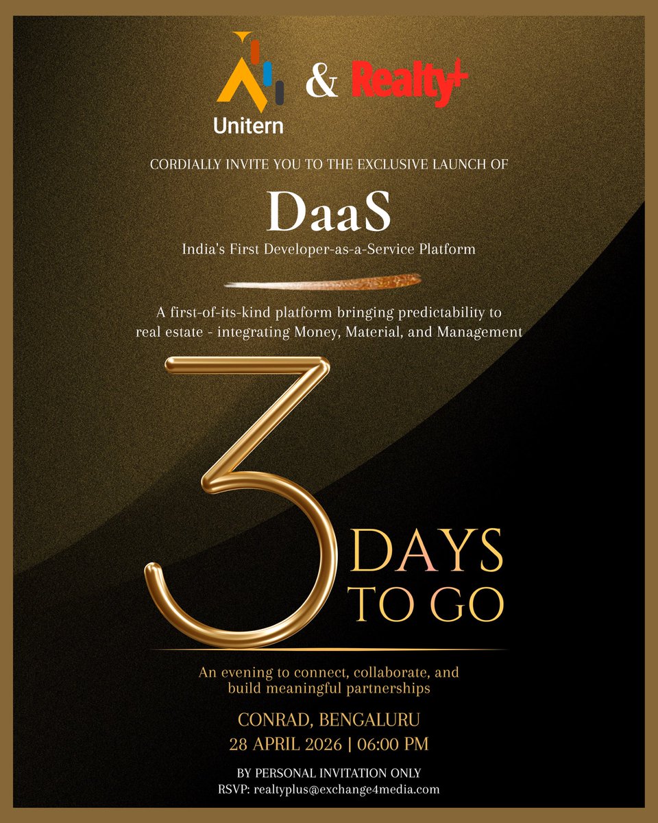 RPRealtyPlus's tweet image. 3 Days to Go ⌛️

Presented by Unitern in collaboration with Realty+, the DaaS Launch introduces India’s first Developer-as-a-Service platform, integrating Money, Material, and Management for structured, scalable development.

28 April | Bengaluru
🔗:bit.ly/4szLDTn

#DaaS