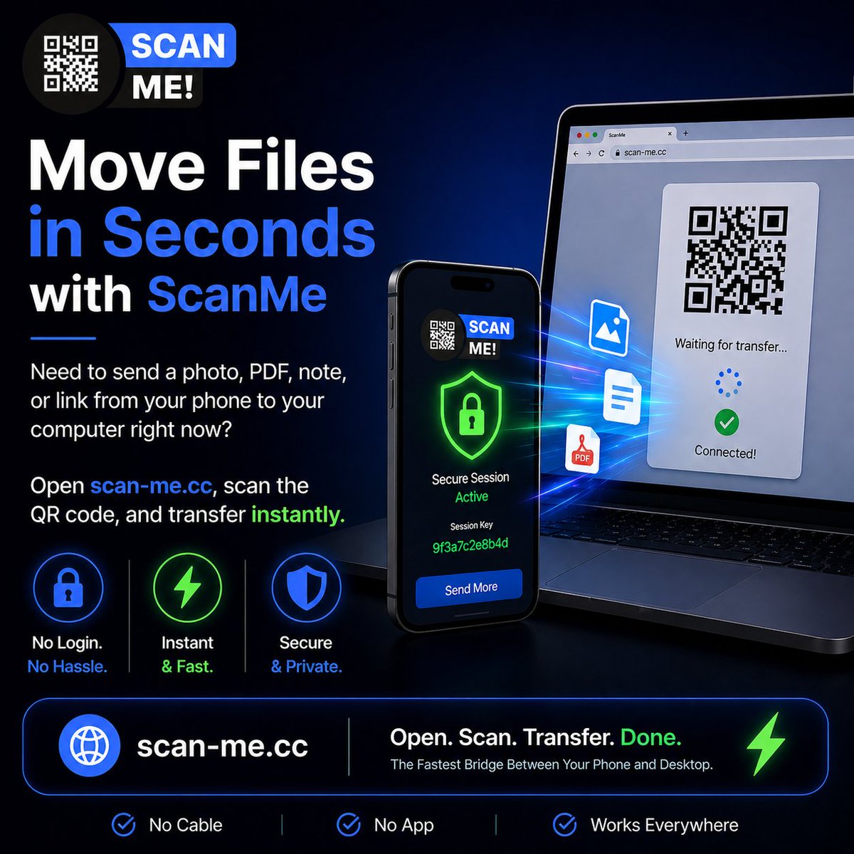 ScanmeGMV's tweet image. ⚡ Move Files in Seconds with ScanMe

Need to send a photo, PDF, note, or link from your phone to your computer right now?

Open scan-me.cc, scan the QR code, and transfer instantly.

No login. No cable. No waiting.
🌐 

#ScanMe #Productivity