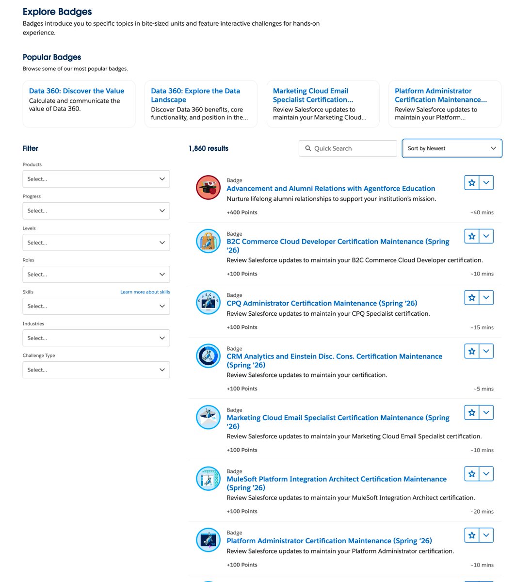 tubasa_gekitui's tweet image. 今週の更新分 (2026.04.25)
・バッチ総数 1860 (新規が 9、前回比 +8)
#trailhead

資格更新バッチがありますが、ポイントの低さからハンズオンはない感じかな？