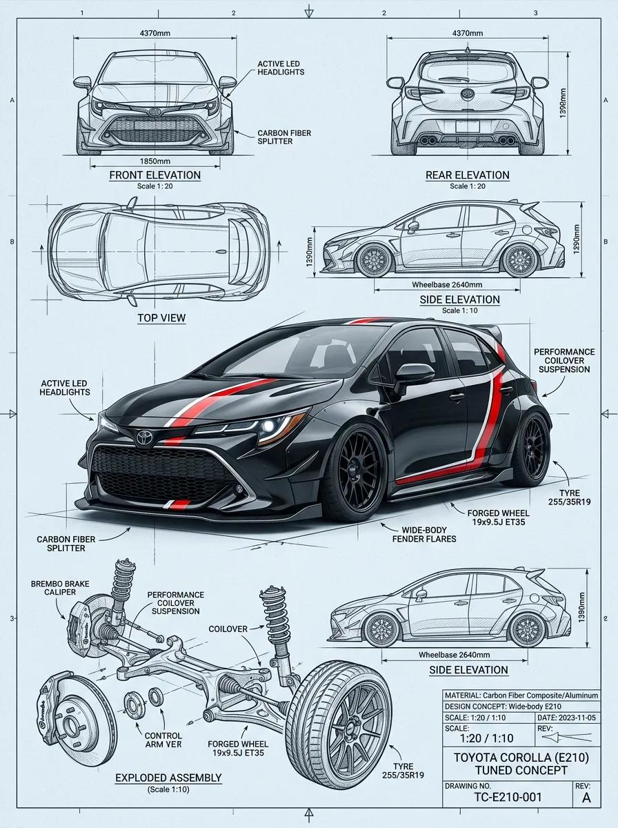 Taaruk_'s tweet photo. Nano Banana pro on Gemini 

Prompt:1
A highly detailed automotive engineering blueprint poster featuring a modified widebody hatchback sports car (inspired by a Toyota Corolla E210). The layout includes front, rear, side, and top technical views with precise measurements and annotations. The main centerpiece is a glossy black widebody car with aggressive aero styling, red racing stripes, carbon fiber splitter, flared fenders, and lowered stance. Surrounding the car are detailed callouts such as forged wheels, performance coilover suspension, brake system diagrams, and exploded mechanical assembly views. Clean technical drawing style mixed with photorealistic rendering, white/gray blueprint background, fine linework, labeled dimensions, industrial design sheet aesthetic, ultra-detailed, 8K, sharp, professional automotive concept presentation.

Prompt:2
A professional automotive concept design sheet showcasing a blue widebody hatchback performance car with a central racing stripe. The composition includes multiple technical diagrams: side profile, top view, front and rear elevation, plus exploded views of suspension and aero kit components. The main render shows a lowered blue sports hatchback with wide fenders, large black wheels, vented hood, rear wing, and diffuser. The background is a clean light-gray blueprint canvas with engineering annotations, labeled parts, and measurement lines. Style blends industrial design blueprint with high-end 3D render, minimalistic layout, crisp line art, studio lighting on the main car, ultra-realistic, 8K, concept presentation board style.