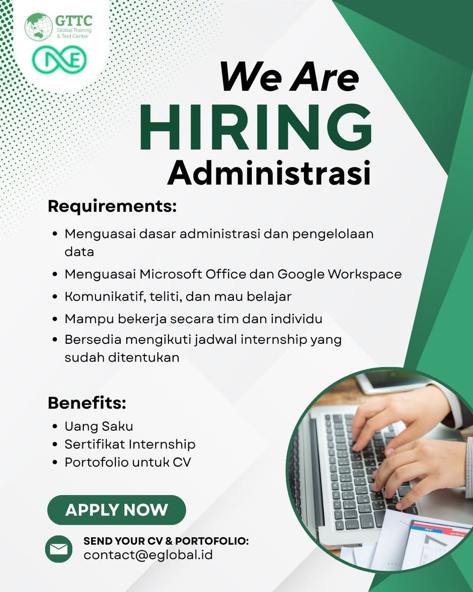 disiniloker's tweet photo. ๐ข Info lowongan kerja (loker)/Magang/Intern
GTTC (Global Training & Test Center)
๐งโ๐ปProgrammer, Administrasi, Social Media
๐ Kirim CV & Portfolio: contact@eglobal.id
#disinimagang #magang #internship #infomagang #infointernship https://t.co/lV0z0naXnR