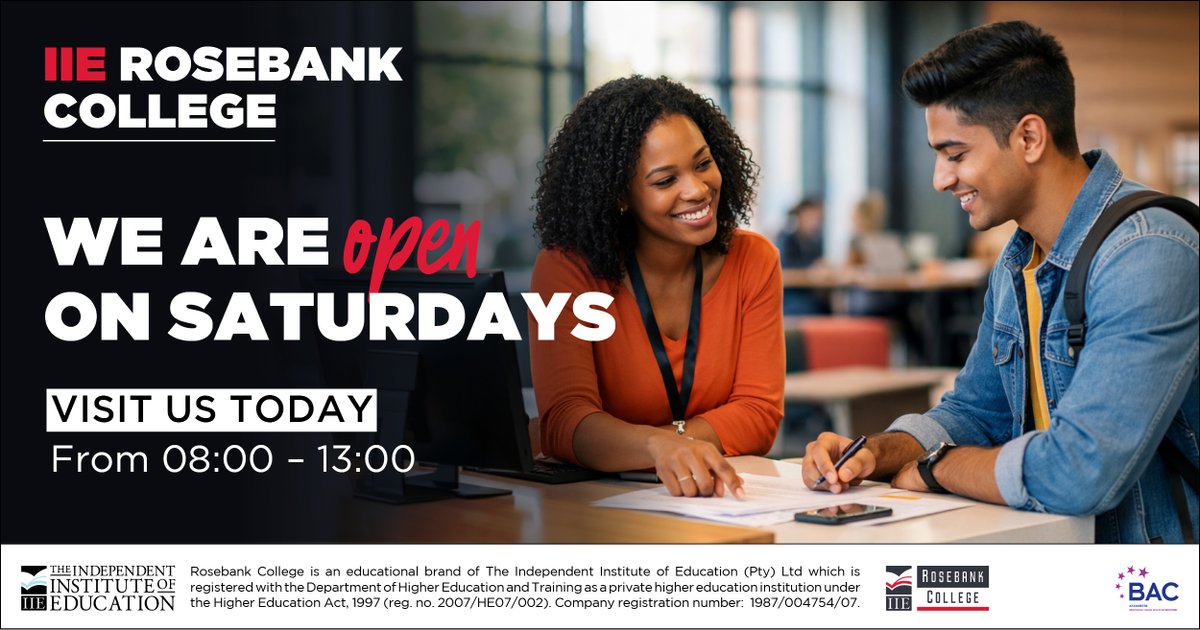 RosebankRC's tweet image. Open Saturdays | 2026 second semester applications are open. Visit any of our 8 campuses for walk-in for applications, payments, or information from 08:00 - 13:00.

#ApplyToday #StudyWithUs #IIERosebankCollege #2026Applications #FastTrackYourCareer  #ApplyNow