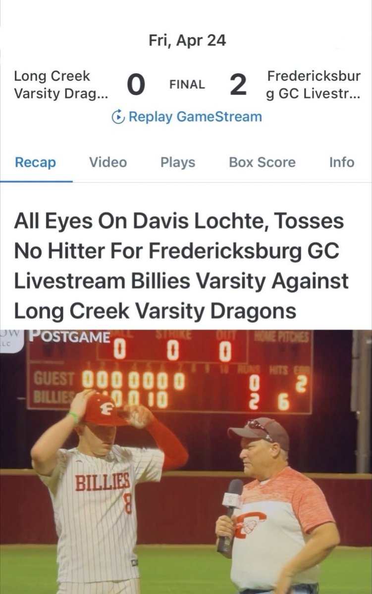 KyleMartin32's tweet photo. Extremely  impressed watching @DavisLochte9 throw a no-hitter tonight in a must win district game to lock up playoff spot for Fredericksburg High School. Velo on its way up, big things coming for this lefty arm! #nohitter https://t.co/stKTQVBqDT