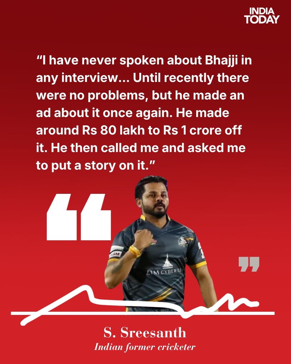 IndiaToday's tweet photo. Former India pacer Sreesanth has reignited the infamous IPL “Slapgate” controversy, claiming Harbhajan Singh earned around Rs 80 lakh to Rs 1 crore from an advertisement based on the 2008 incident. Sreesanth said Harbhajan later asked him to promote the ad on social media, which he refused. 

He added that while he chose to forgive Harbhajan, he would never forget the episode, and revealed he has now blocked him on Instagram. The original incident in IPL 2008 had led to Harbhajan being banned for the rest of the season.

Read more: https://t.co/Hrw7gBEyoZ

#Slapgate #Sreesanth #HarbhajanSingh #CricketControversy #IndianCricket #IndiaTodaySocial