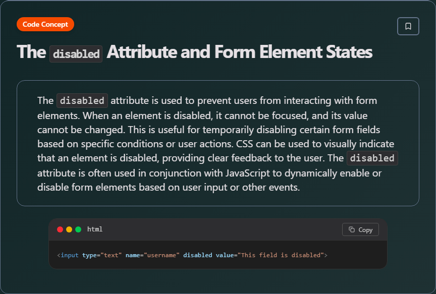 techielearnapp's tweet image. ✨ The `disabled` Attribute and Form Element States (Html And Css)

Learn more on our app: play.google.com/store/apps/det…

#HTML #CSS #WebDesign #Frontend #100DaysOfCode #DevLife