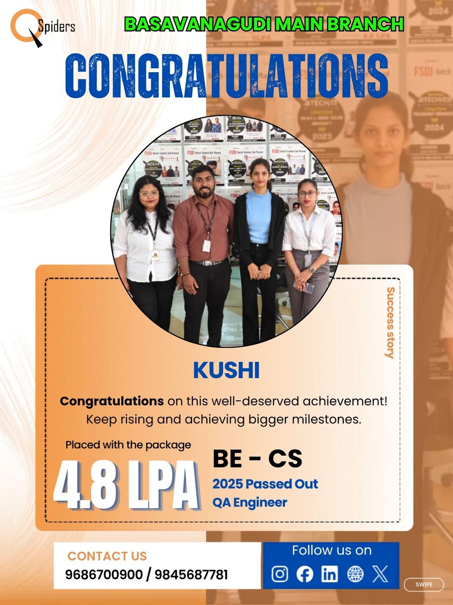 QSpiders__BTR's tweet image. Success is built on strong guidance and dedication! 📷 Kushi shares how ProSpiders Basavanagudi helped him grow technically and professionally to land his dream. 📷#QSpidersBasavanagudi #StudentJourney #TechCareers #ITPlacement #SuccessStory
