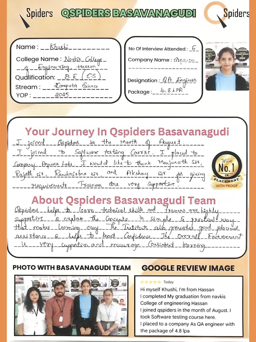 QSpiders__BTR's tweet image. Success is built on strong guidance and dedication! 📷 Kushi shares how ProSpiders Basavanagudi helped him grow technically and professionally to land his dream. 📷#QSpidersBasavanagudi #StudentJourney #TechCareers #ITPlacement #SuccessStory
