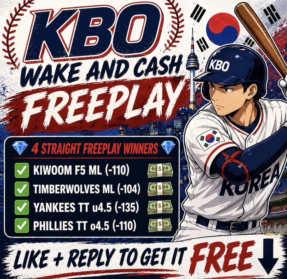 FREE KBO WAKE AND CASH 🇰🇷

My 𝗕𝗼𝘁 will send to everyone who 𝗟𝗜𝗞𝗘𝗦 + 𝗥𝗘𝗣𝗟𝗜𝗘𝗦 (must follow <a href="/DirtyBubbleBets/">Dirty Bubble Bets</a>)

Comment "KBO King" For A Surprise 👑
