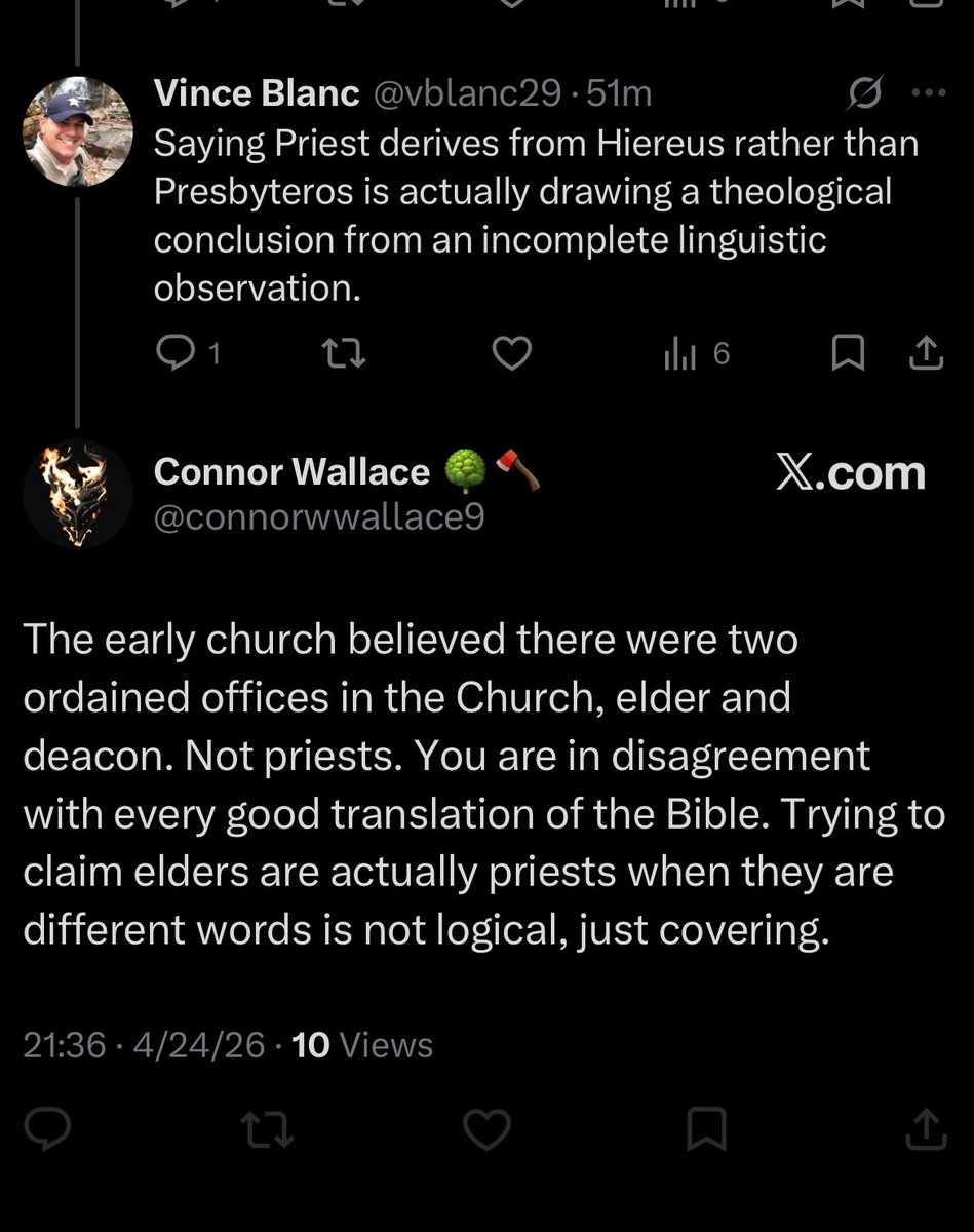 vblanc29's tweet photo. @connorwwallace9 @Truth_matters20 The early church recognized 3 offices: Bishop, Presbyter, Deacon. (Cf. Ignatius) 

Paul himself says that he was ministering as a priest (Greek Hierourgeõ) (Rm15:16) the role of the elders was to preform priestly acts (hierourgounta). This is why later the two words were combined https://t.co/wY8Re7UFV0