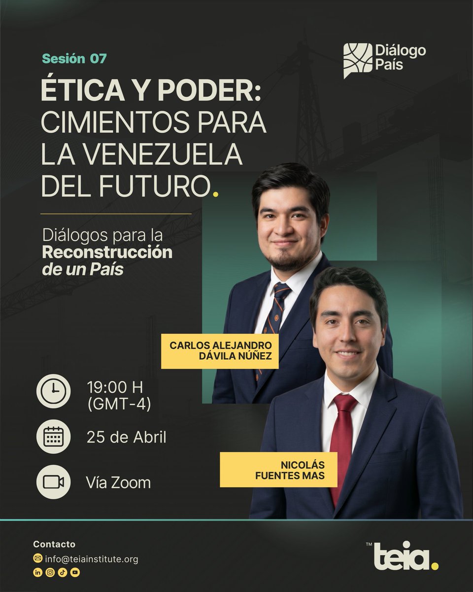teiainstitute's tweet photo. La ética define el rumbo de nuestros mercados, instituciones y futuro.

Únete a una nueva sesión de #DiálogoPaís:
🔹 Ética y mercado
🔹 Ética en la labor pública
🔹 Ética y poder

👤 Carlos A. Dávila
👤 Nicolás Fuentes

📅 25 abril | ⏰ 19:00 (GMT-4)
💻 Vía Zoom https://t.co/vU2ttiLns9