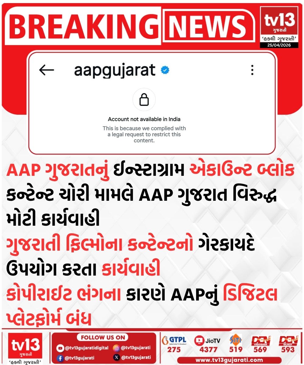 tv13gujarati's tweet image. AAP ગુજરાતનું ઈન્સ્ટાગ્રામ એકાઉન્ટ બ્લોક
કન્ટેન્ટ ચોરી મામલે AAP ગુજરાત વિરુદ્ધ મોટી કાર્યવાહી

#AAP #socialmedia #block #gujarat #tv13gujarati