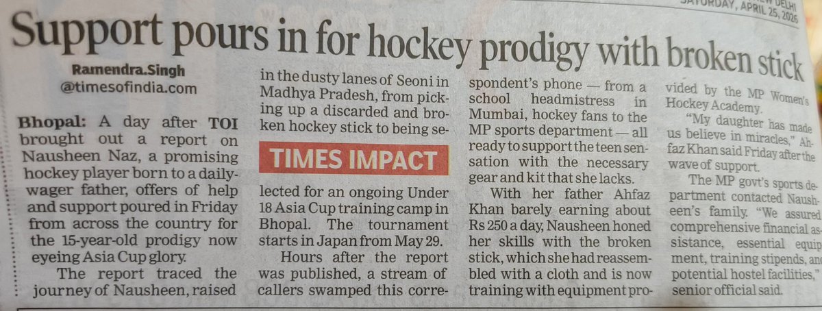 Aditisharma16's tweet photo. Good journalism, @timesofindia  
#hockey #prodigy #impact #journalism https://t.co/nzT1w2Ctso