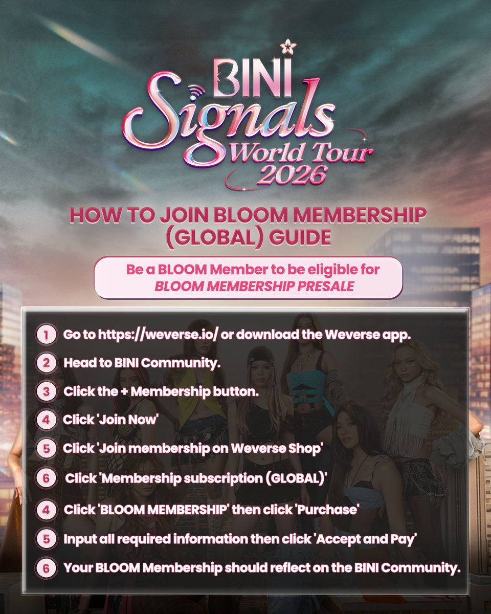 Level up your chance to score tickets with presale access! 🎫🌸

Join BLOOM Membership on Weverse and get exclusive access to the BLOOM Membership Presale for BINI Signals World Tour 2026! 📡

Be a BLOOM Member now HERE: 🔗shop.weverse.io/en/shop/USD/ar…

#BINI
