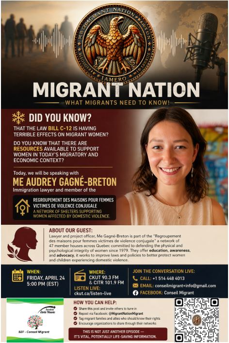 ConseilMigrant's tweet image. Are you a #woman experiencing abuse and need a safe place to go?
Do you know some one who needs it? #Youarenotalone!

🎧 Listen to our latest show for information, resources, and support:
👉 ckut.ca/archive-player…

#SafeSpaces #MigrantWomen
#RadioTET #MigrantNation @ckut