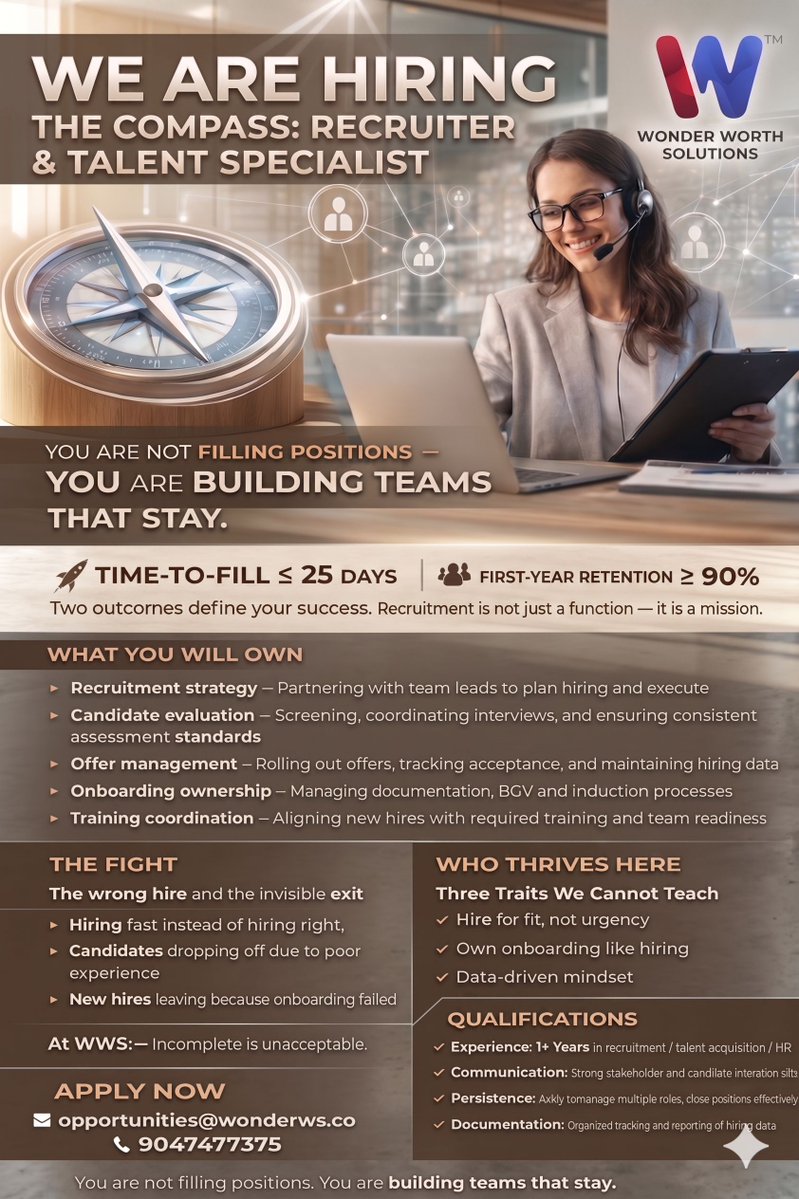 IndWws's tweet image. Twitter:

We’re Hiring! 🚀
Position:  Junior Recruiter
Experience: 1+ year in recruitment /Bachelor’s Degree in Psychology (Mandatory)
Location: Vellore (Only)
Walk-in: Mon–Sat | 10 AM–4 PM l Contact: 9047477375
#Hiring #JobAlert #WalkInInterview #VelloreJobs #JoinOurTeam