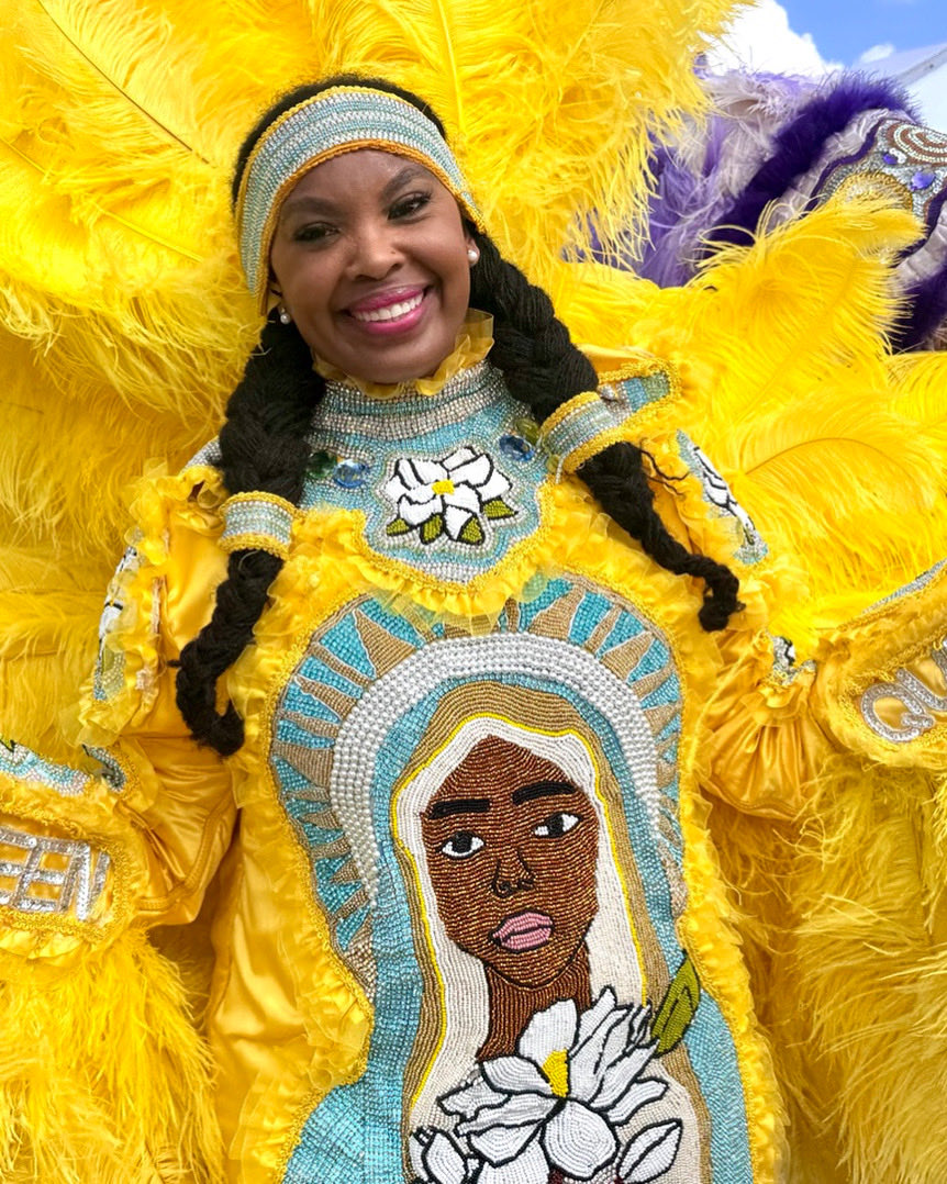 Queens of the Nation Mardi Gras Indian march at Jazz Fest — first of its kind gathering of female Black Masking Indian royalty