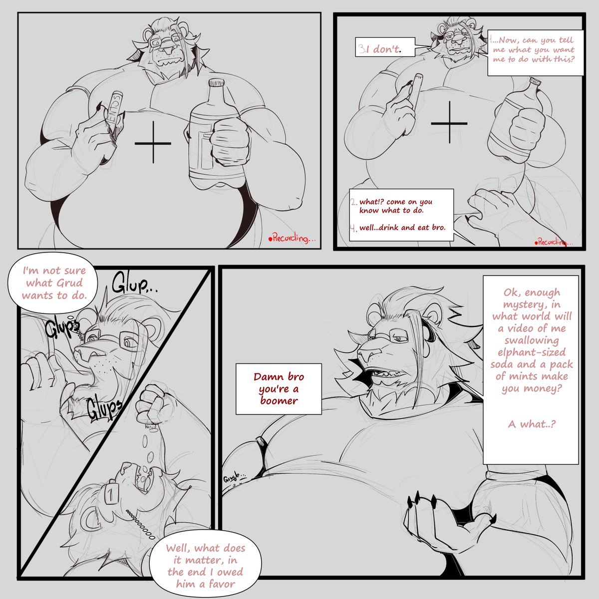 Well, in his defense, Mael knows that soda loses a lot of gas on the way to the stomach, but he adds to the equation and well soon the big guy's reaction

Also my new way of making comics
#Furry #Belly #oc #art