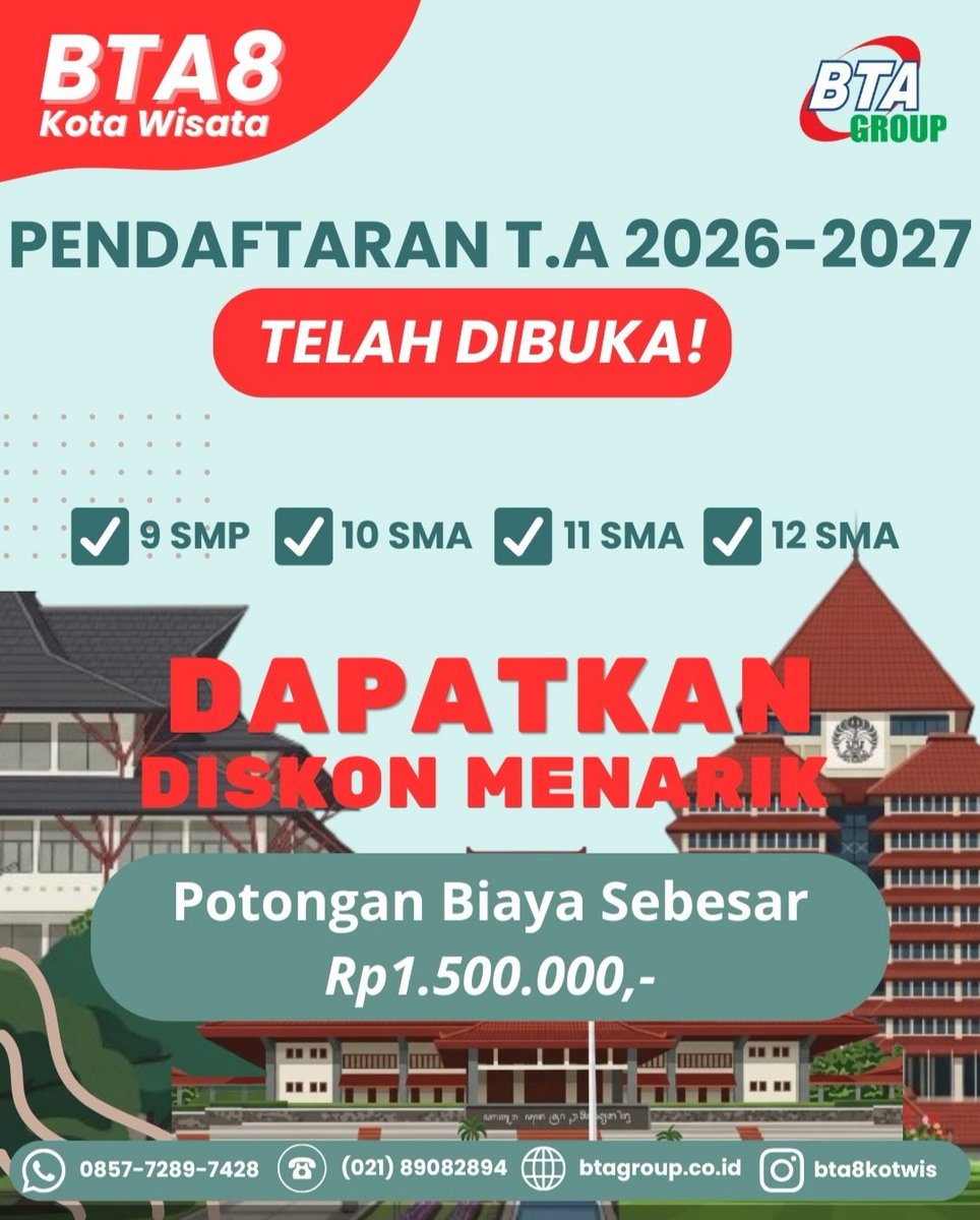 🎉 Kabar Gembira untuk Siswa SMP &amp; SMA! 🎉

BTA Group resmi membuka cabang baru: BTA Kota Wisata! 🚀

Khusus untuk kamu:
📚 Kelas 9 SMP
📚 Kelas 10, 11, &amp; 12 SMA

✨ Promo Spesial Opening! ✨
Dapatkan DISKON MENARIK untuk 10 pendaftar pertama! Jangan sampai kehabisan ya!