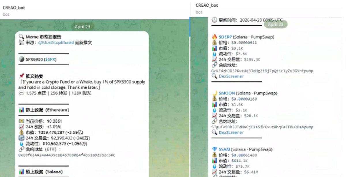 Mulight's tweet photo. Asteroid 3天暴涨近万倍。大部分人看到新闻时已大幅回调，极少数玩家却在信号发出的前1-3小时完成埋伏，拿到惊人收益。

要想抢跑市场，你需要一套全自动的交叉验证监控系统，而不是靠肉眼盯盘。

我整理了一份直推手机的保姆级搭建教程：

我们需要把验证过的分析步骤固化下来，变成自动化流程，并让关键信息直接推送到手机上。我目前使用 @CreaoAI 来处理这类复杂的跨平台信息获取。

它是一个 Agent-Native工作平台，核心特点是可以把成功的对话经验保存下来，转变为可重复执行的自动化任务。

按照以下步骤，你可以省去反复打开网页的繁琐操作。手机端即时接收 Telegram 通知，决策效率极高。

第一步：在 CREAO 中完成自然语言配置

打开 CREAO，在对话框向 Super Agent 输入核心需求：

“通过X API 提取特定账号关于新 Meme 币的推文关键词，结合 DexScreener 检查该代币在 SOL 或 BNB 链上的 24h 交易量。分析完成后，请使用 Telegram API，将包含当前价格、市值、流动性和合约地址的精简报告发送给我。这是我的 Telegram Bot Token：[填入你的Token]，我的Chat ID 是：[填入你的数字ID]。”

第二步：一键保存为 Agent 并设置定时执行

Super Agent 会自己编写代码调用接口，跑通整个抓取与推送流程。测试成功收到 TG 消息后，点击页面上的创建智能体，将其设为专属 Agent。

然后设置定时执行，将频率设定为每 4小时运行一次。它会在后台自动执行完整的筛查流程。无论你是在通勤还是休息，只要手机收到提醒，就能立刻查看经过分析的关键数据。

附：如何获取上述步骤所需的 Telegram Token 和 ID？（仅需1 分钟）

第三步：获取密匙与 ID并激活

1. 在 Telegram 搜 BotFather，发 /newbot，按提示起名并设置带 bot 结尾的用户名。系统会回复长文本，复制里面的 Token 保存。

2. 搜 getmyid_bot，点 Start，复制 Your user ID 后的纯数字，这是你的 Chat ID。

CREAO 还能帮你做什么？

除了监控行情，你还可以捏出各种分身：

1. 聪明钱监控：结合 GMGN监控 SOL和 BNB链上的高胜率巨鲸。他们一建仓，TG 立刻报警。

2. 合约雷达：让 Agent 24 小时监控交易所的永续合约费率。发现极端拥挤情绪立马推送，提前埋伏。

3. 低成本算力捡漏：自动监控https://t.co/osegBxty9A 或Genesis Cloud。只要有超低价的闲置 GPU 释放，立刻发通知帮你抢占资源。

4. 信息差自动搬运：抓取外网高质量的英文推文或研报，提炼干货并自动存入个人的 Notion 资料库。

因为它具备现场创造工具的能力，你的想象力就是它的边界。

将成熟的交易验证步骤保存为 Agent，可以大幅降低信息检索时间，准确捕捉下一个市场机会。

免费注册每月有30credits额度，无需信用卡，5 分钟内即可跑通流程。如果需要高频运行，可以自行升级到Pro等套餐版本。

再次强调这是我测试完全跑通的流程
感兴趣可以先体验一下：https://t.co/B23Jb9dfRF