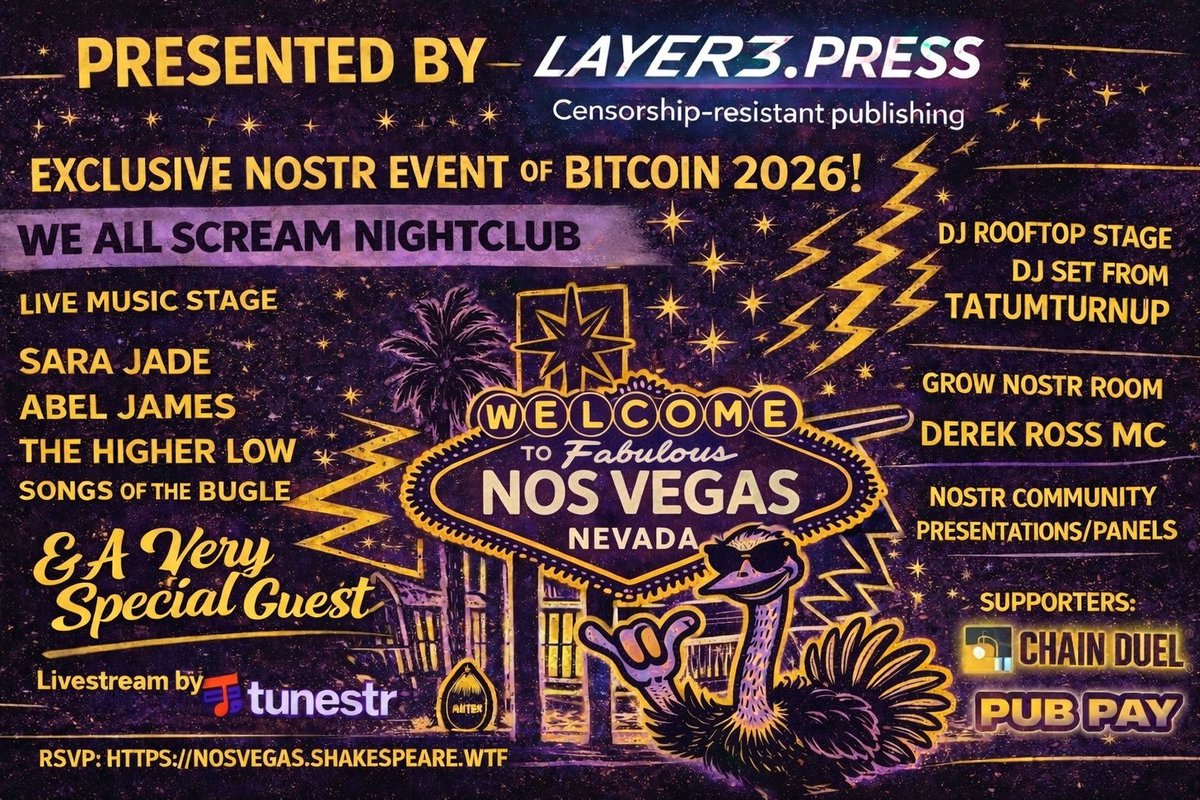 Nos Vegas is kicking the knowledge before the music starts.

Come hear what <a href="/OpenAgents/">OpenAgents</a> has cooking with <a href="/TaoistBitcoiner/">Ov1</a> and <a href="/bsilone/">Ben Silone</a> at the Grow Nostr Room.

Tickets 👇

nosvegas.shakespeare.wtf