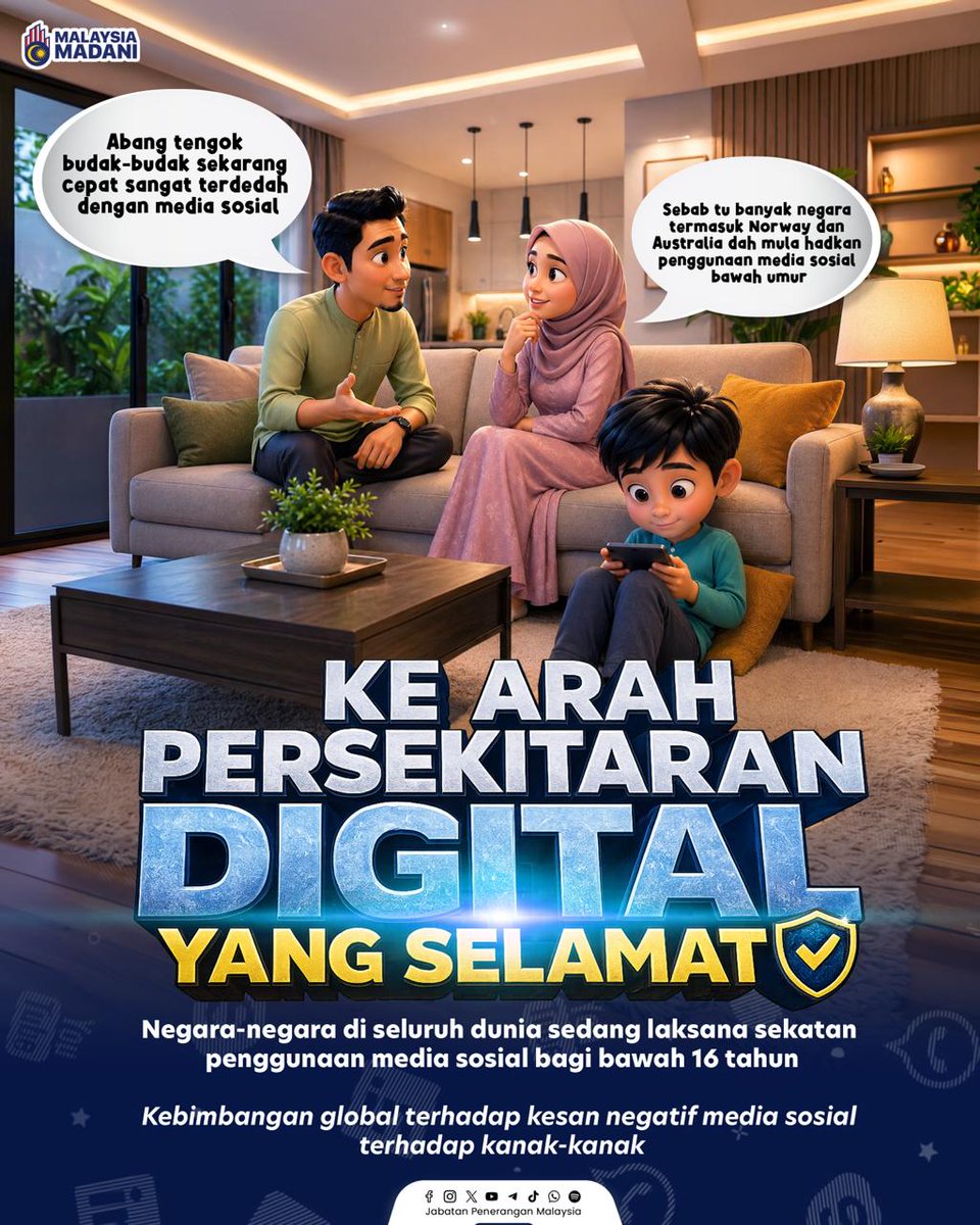 JPenerangan's tweet photo. Dunia kini bergerak ke arah persekitaran digital yang lebih selamat dengan sekatan penggunaan media sosial bagi bawah 16 tahun. 📱

Langkah ini susulan kebimbangan global terhadap kesan negatif media sosial kepada kanak-kanak. 🛡️ https://t.co/nGR14c34iI