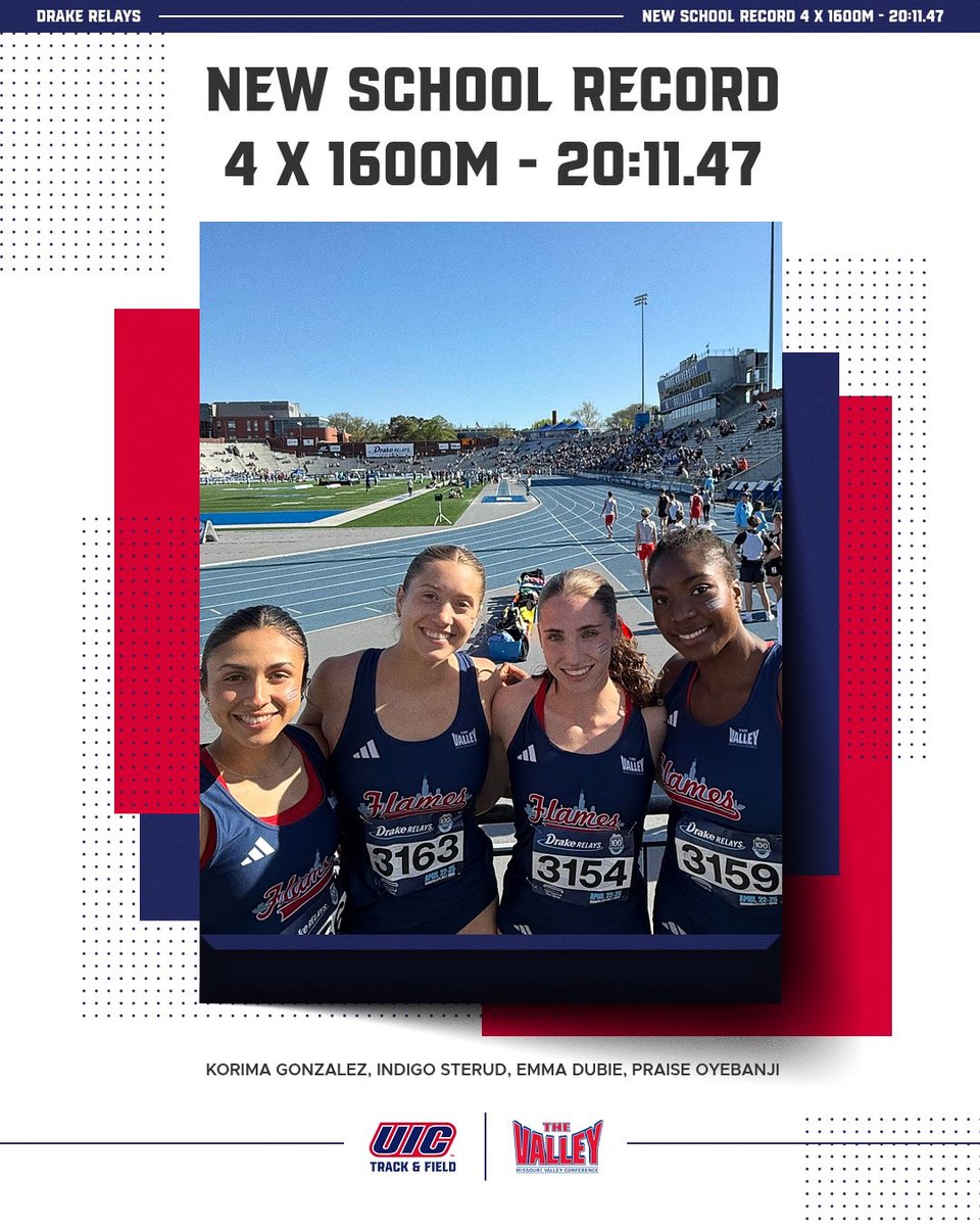 UIC_XCTF's tweet photo. New School Record 🏆

Drake Relays Update - Korima, Indigo, Emma, and Praise set a New 4 x 1600m School Record with a 8th Place Team Finish 🔥

#chicagoscollegeteam https://t.co/yuESERsAVZ
