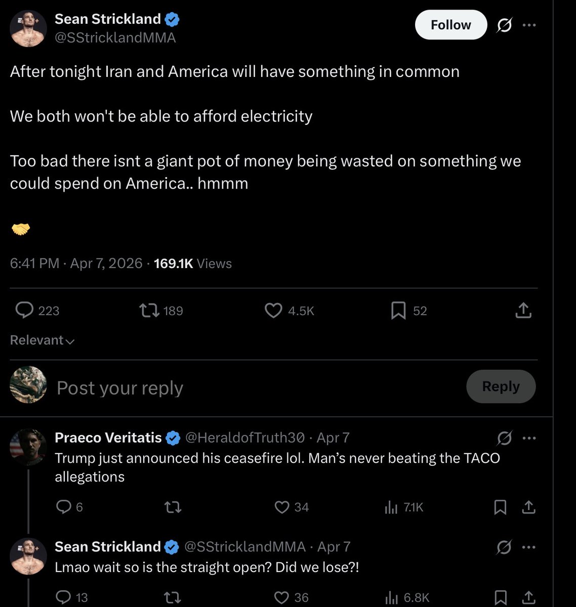 ItsNotStephen's tweet photo. @SStricklandMMA This is def the kind of opinion who types broken brained shit like this “did we lose!?” Lmao https://t.co/JXoujd3REF