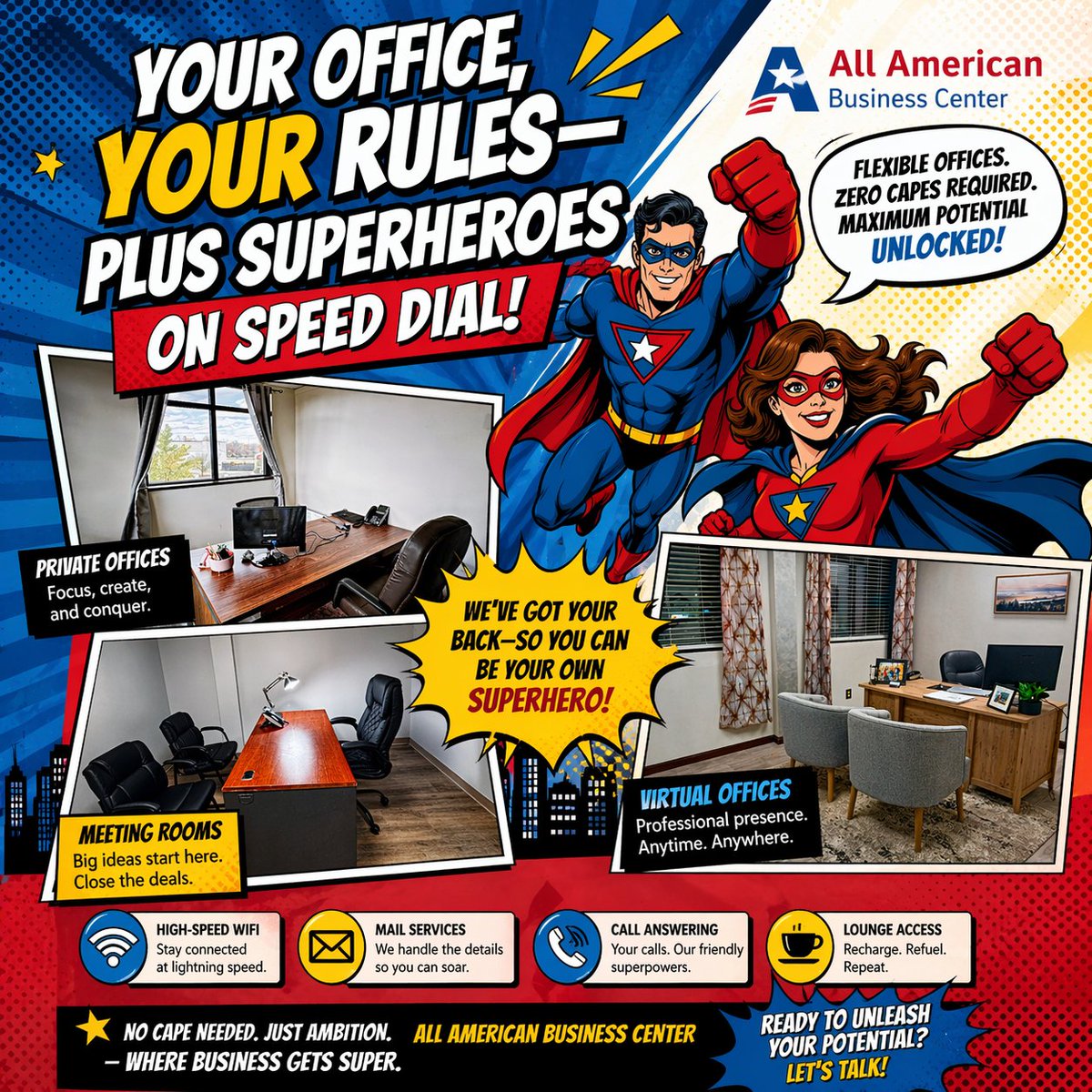 leaseaabc's tweet image. 🦸‍♂️ Your Office. Your Rules.
 No cape required… just ambition.
At All American Business Center, you don’t just rent space — you unlock your superpowers 💥

#OfficeSpace #SmallBusinessOwner #FlexibleOffice #DetroitBusiness #TroyMI #WorkSmart #OfficeGoals #VirtualOffice